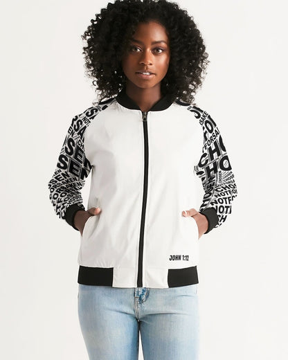 Chosen Not Forsaken White Women's Christian Bomber Jacket - Front Side